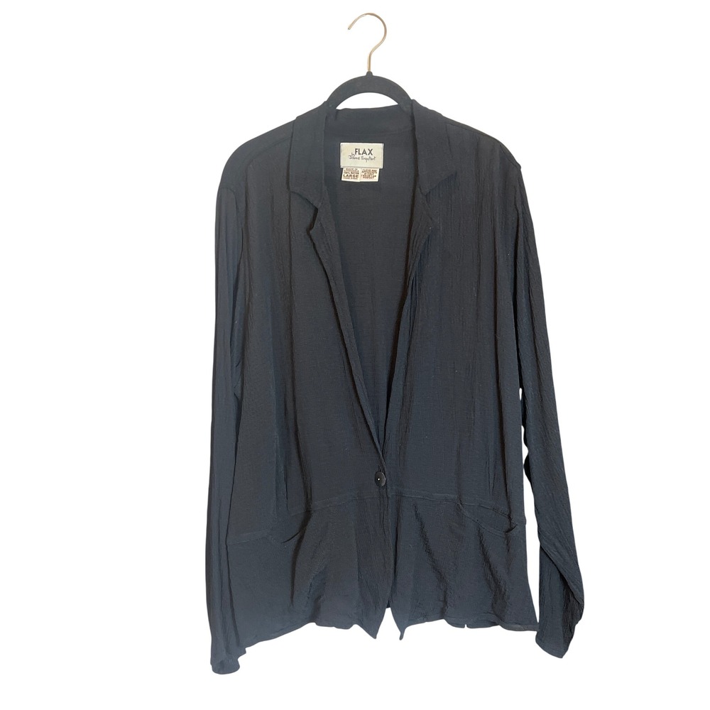 Flax by Jeanne‎ Engelhart Black Crinkle Rayon Blazer Jacket Large Drawstring